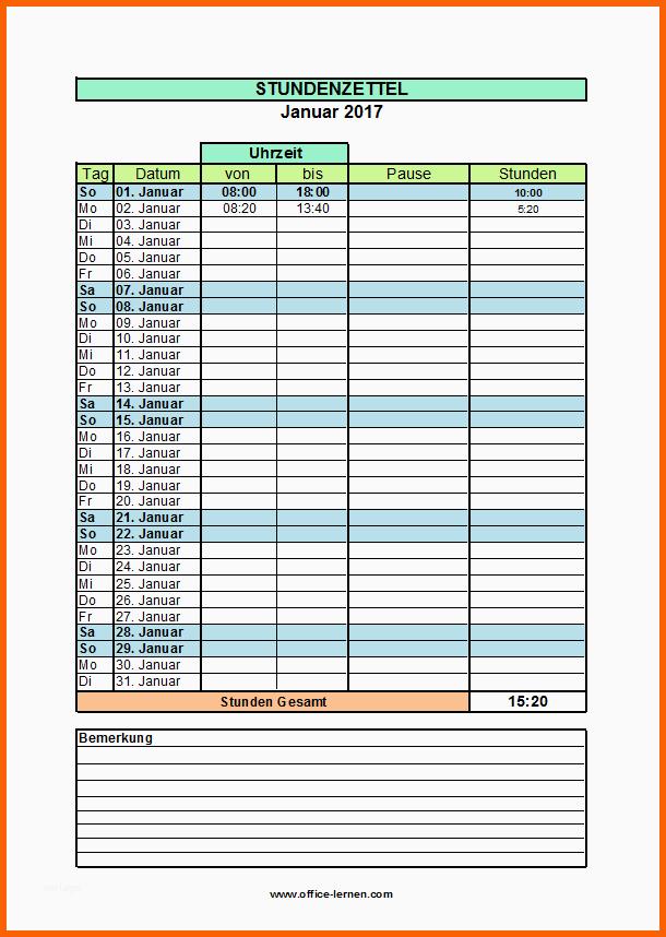 Neue Version Excel Arbeitszeitnachweis Vorlagen 2017