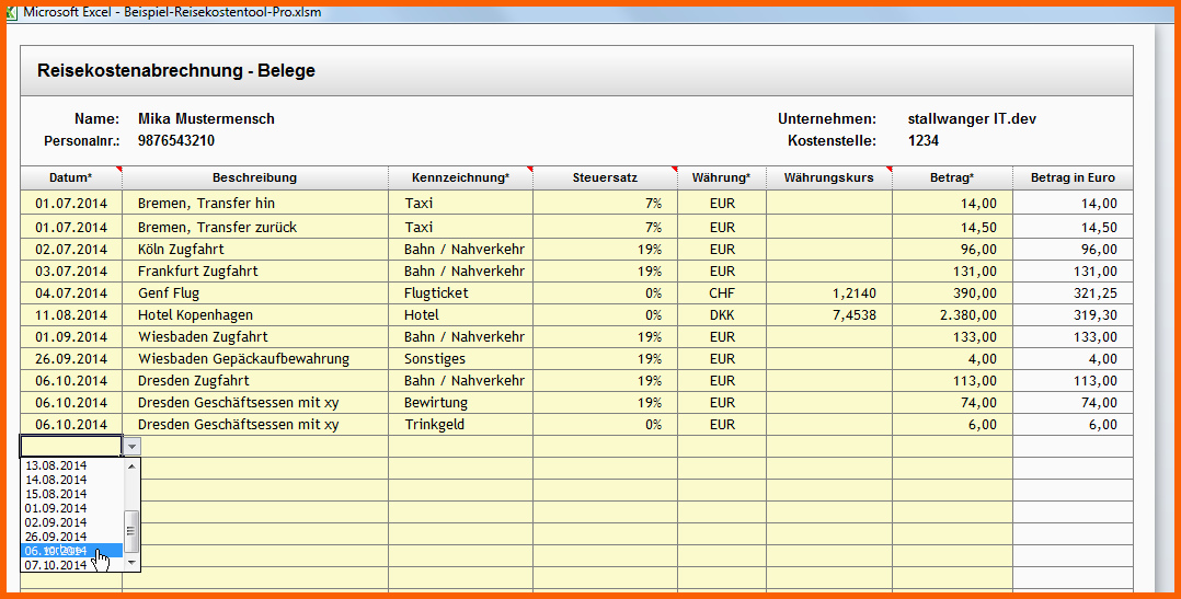 Neue Version Excel Reisekostenabrechnung