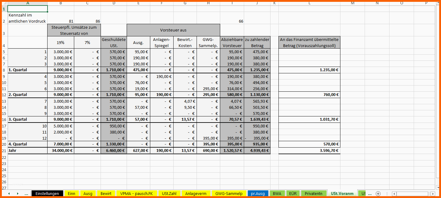Neue Version Excel Vorlage Einnahmenüberschussrechnung EÜr Pierre