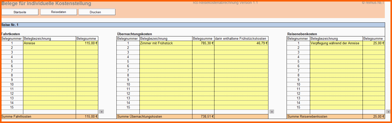 Neue Version Excel Vorlage Reisekostenabrechnung