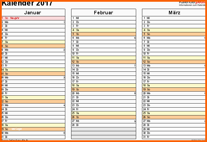 Neue Version Kalender 2017 Zum Ausdrucken In Excel 16 Vorlagen