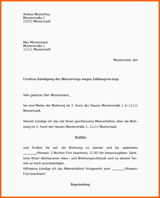 Neue Version Mietvertrag Fristlos Kundigen Vorlage Papacfo