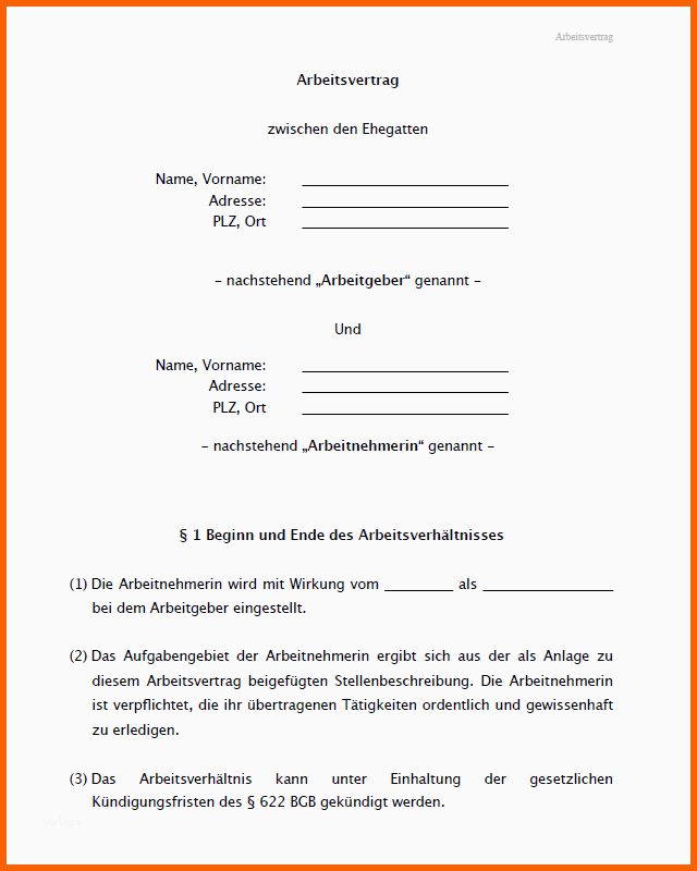Neue Version Muster Eines Arbeitsvertrags Für Ehegatten Zum Download