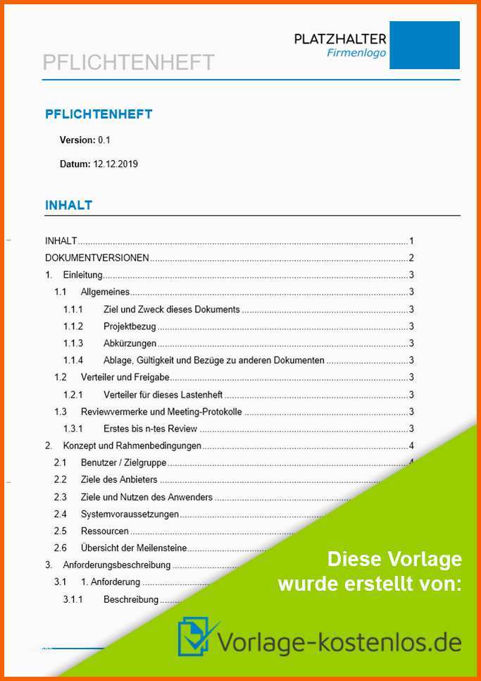 Neue Version Pflichtenheft Vorlage Kostenloser Vordruck Zum Download