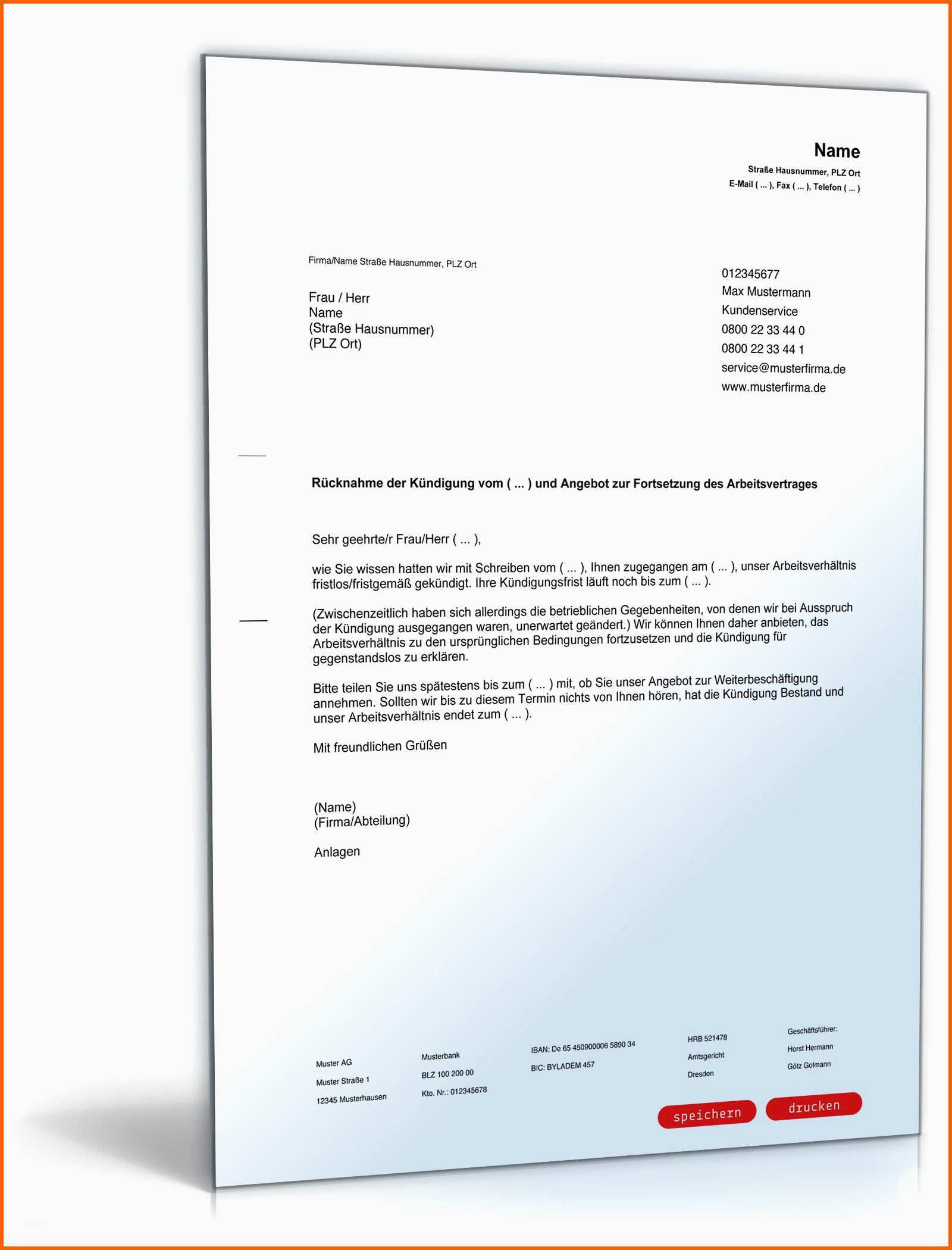 Neue Version Vorlage Kündigung Arbeitsvertrag Probezeit