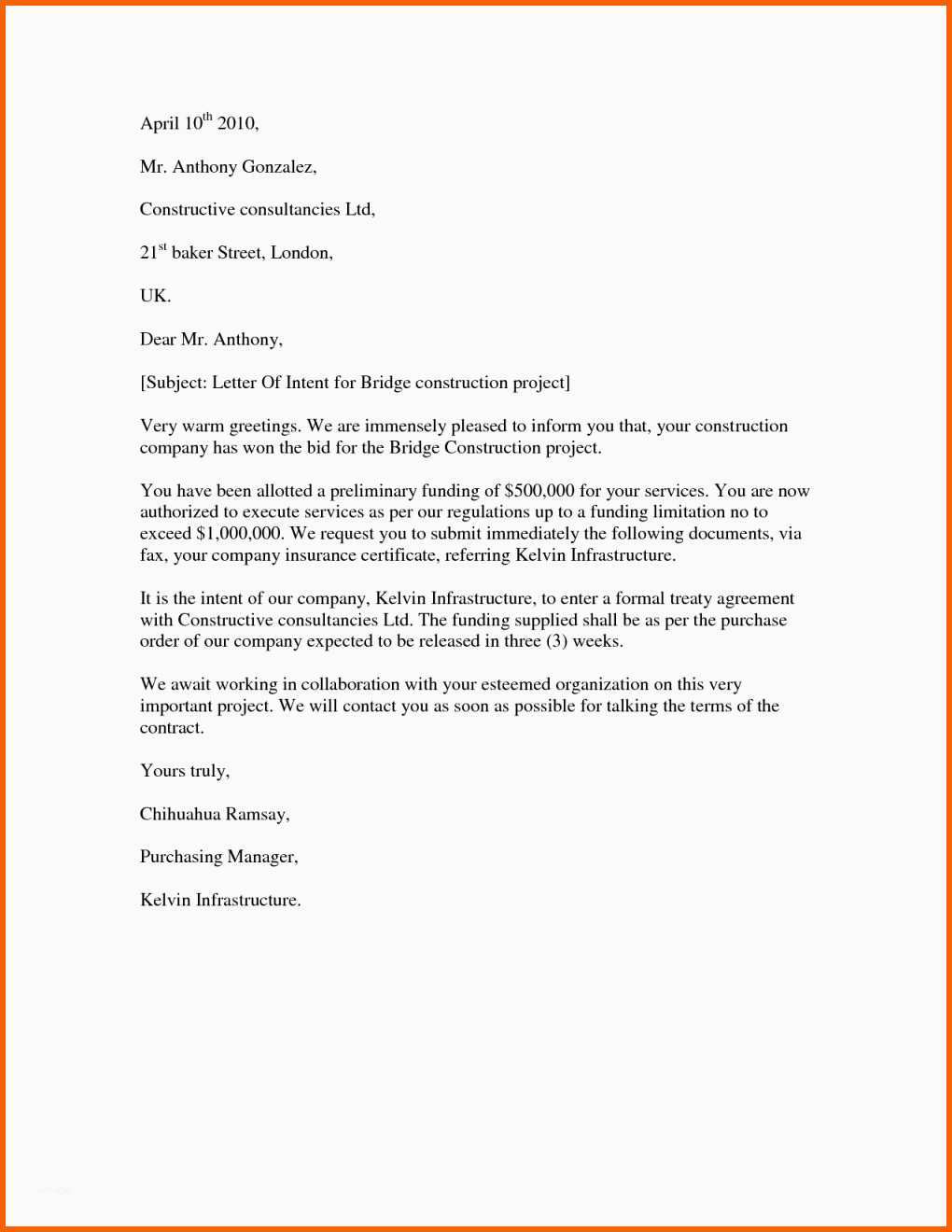 Original 11 Letter Of Intent Vorlage