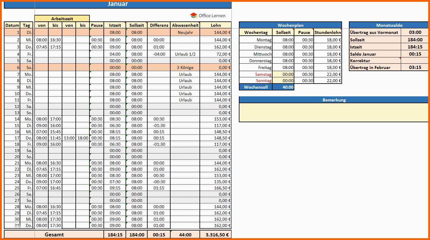 Original Arbeitszeiterfassung Excel Vorlage 2019
