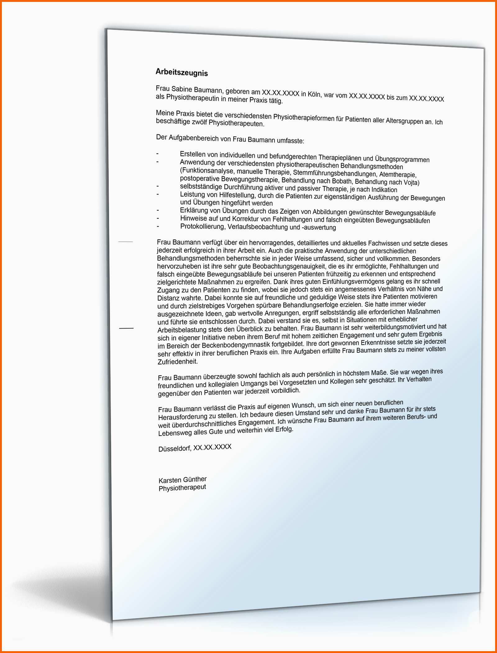 Original Arbeitszeugnis "sehr Gut" Physiotherapeut In