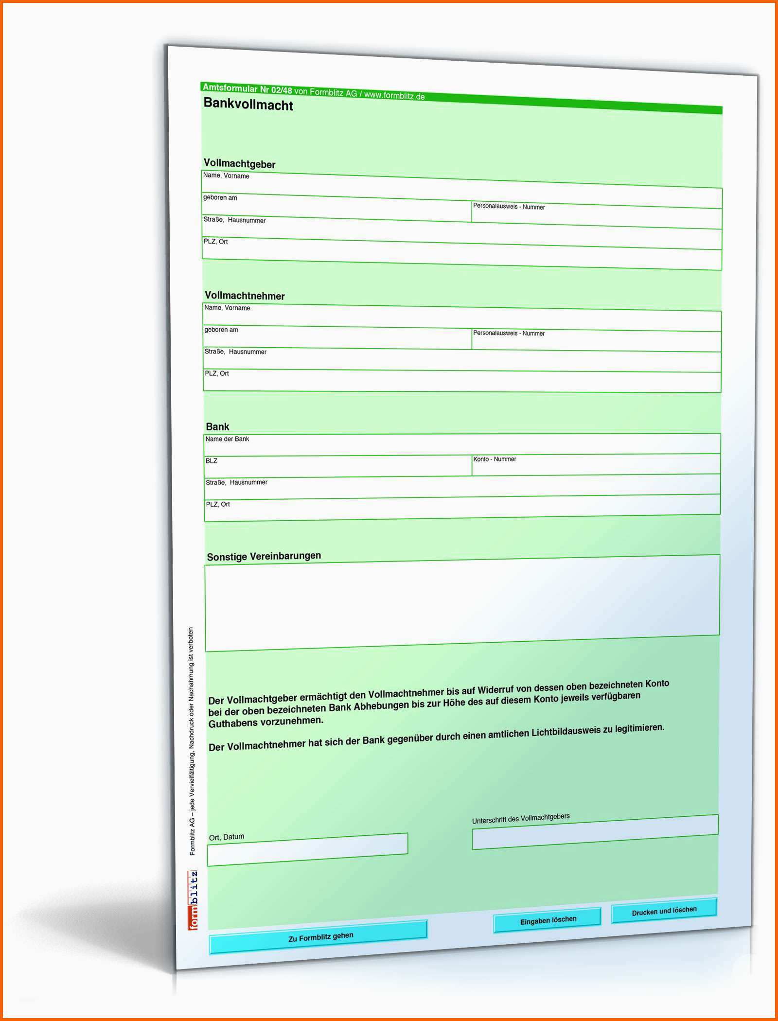 Original Bankvollmacht Barabhebung