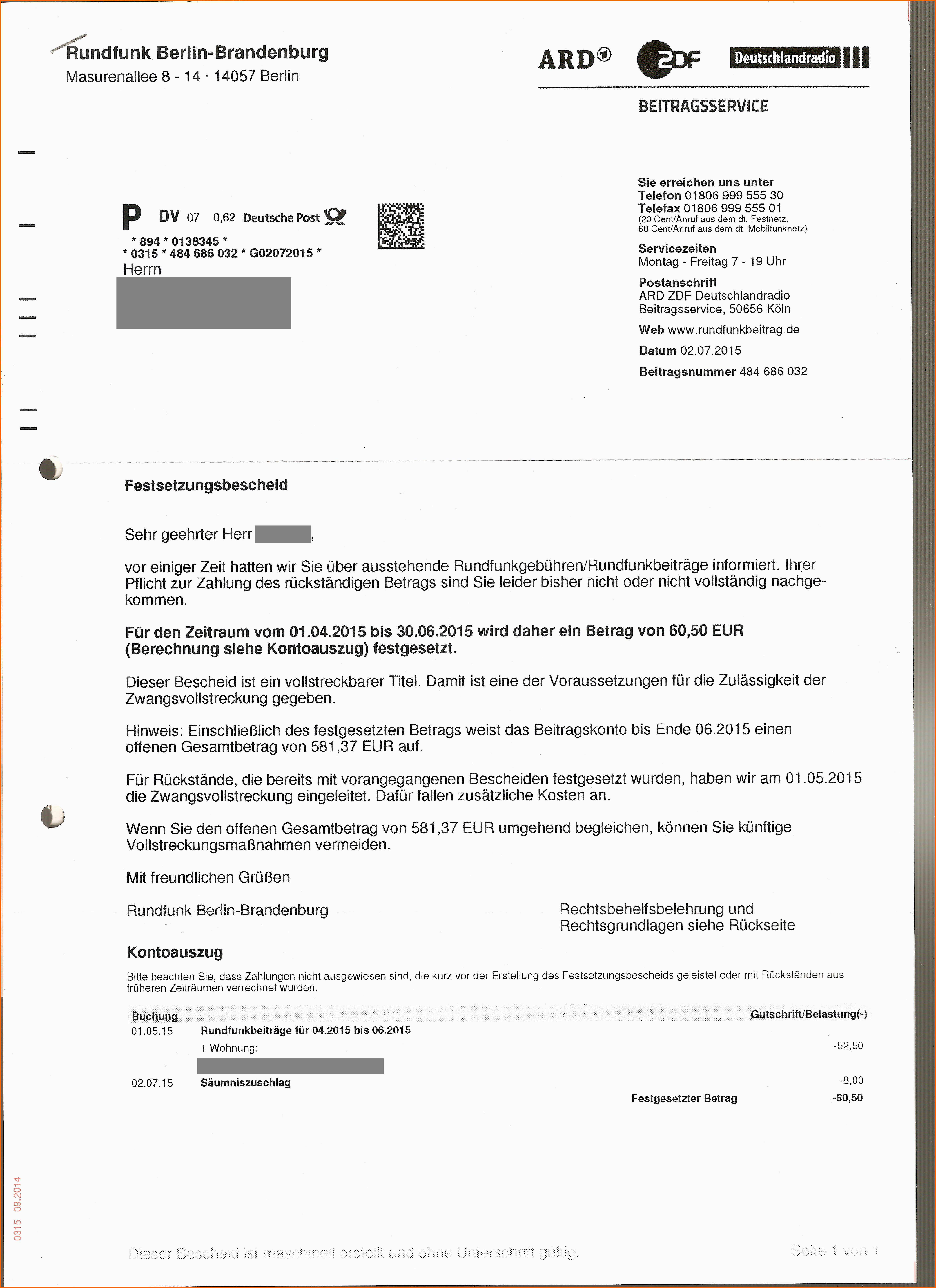 Original Briefverkehr Mit Dem Beitragsservice Ard Zdf