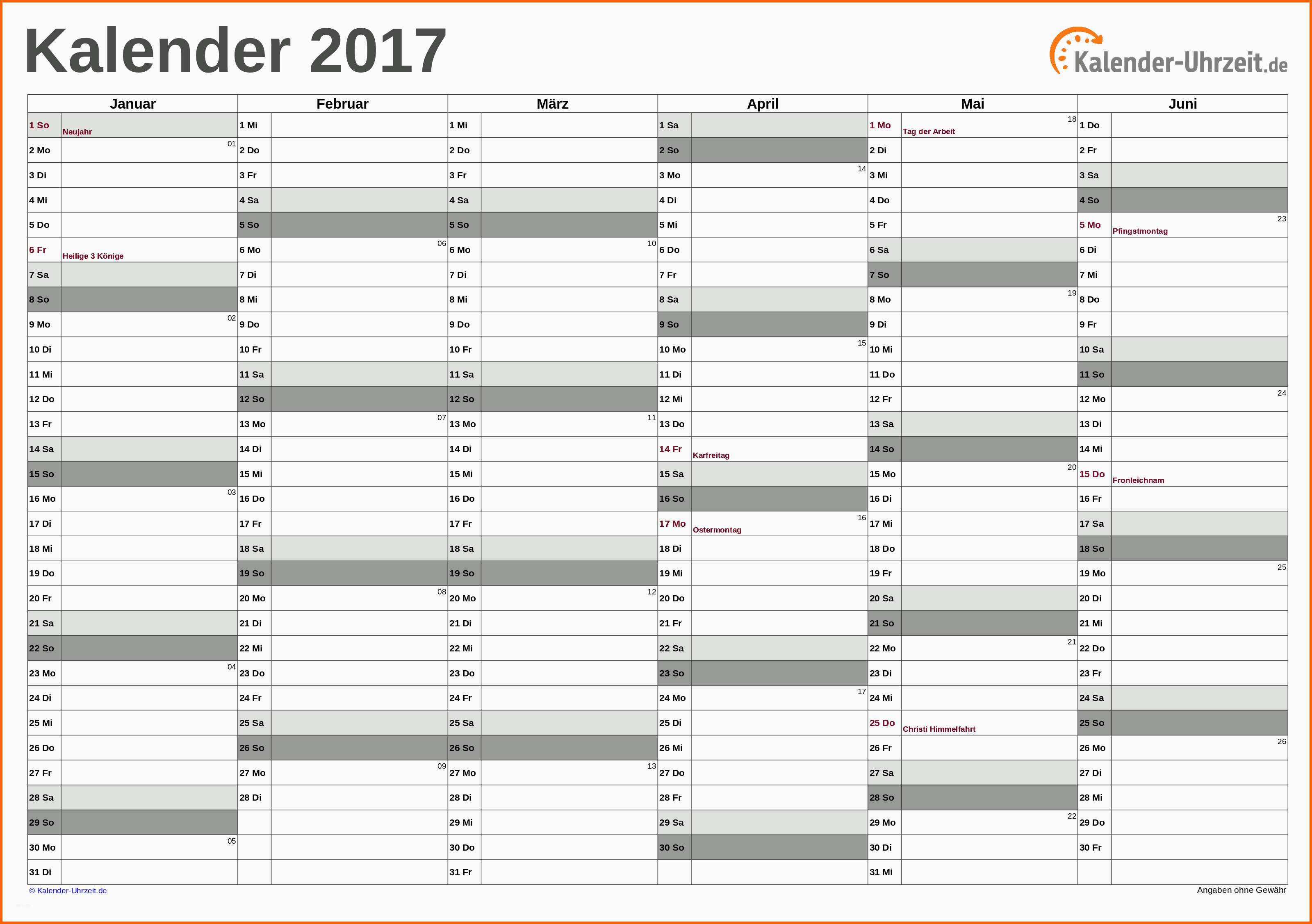 Original Excel Kalender 2017 Kostenlos