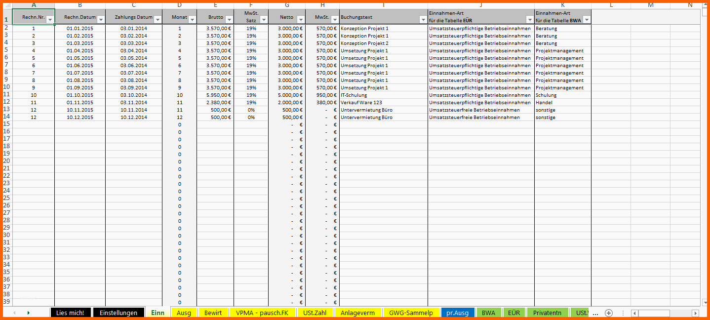 Original Excel Vorlage Einnahmenüberschussrechnung EÜr 2015