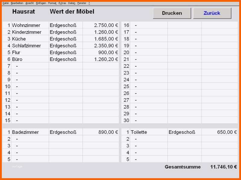 Original Kostenaufstellung Renovierung Bank Vorlage