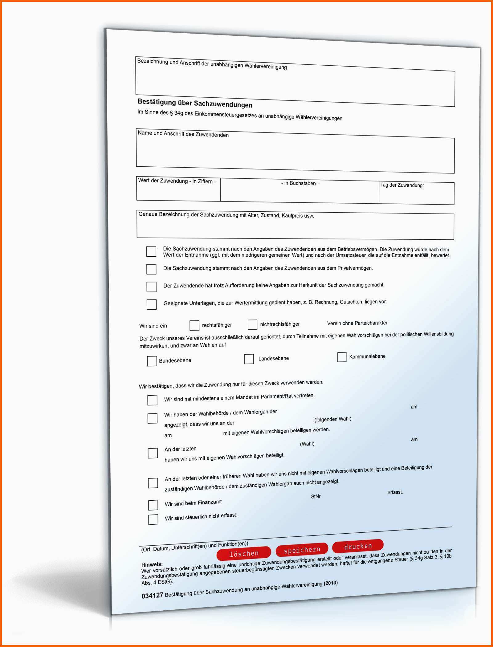 Original Spendenbescheinigung über Eine Sachspende