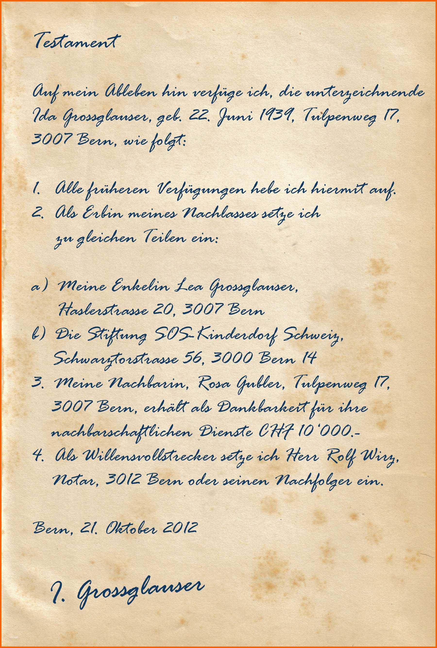 Original Testament Erbschaft Nachlass sos Kinderdorf Schweiz