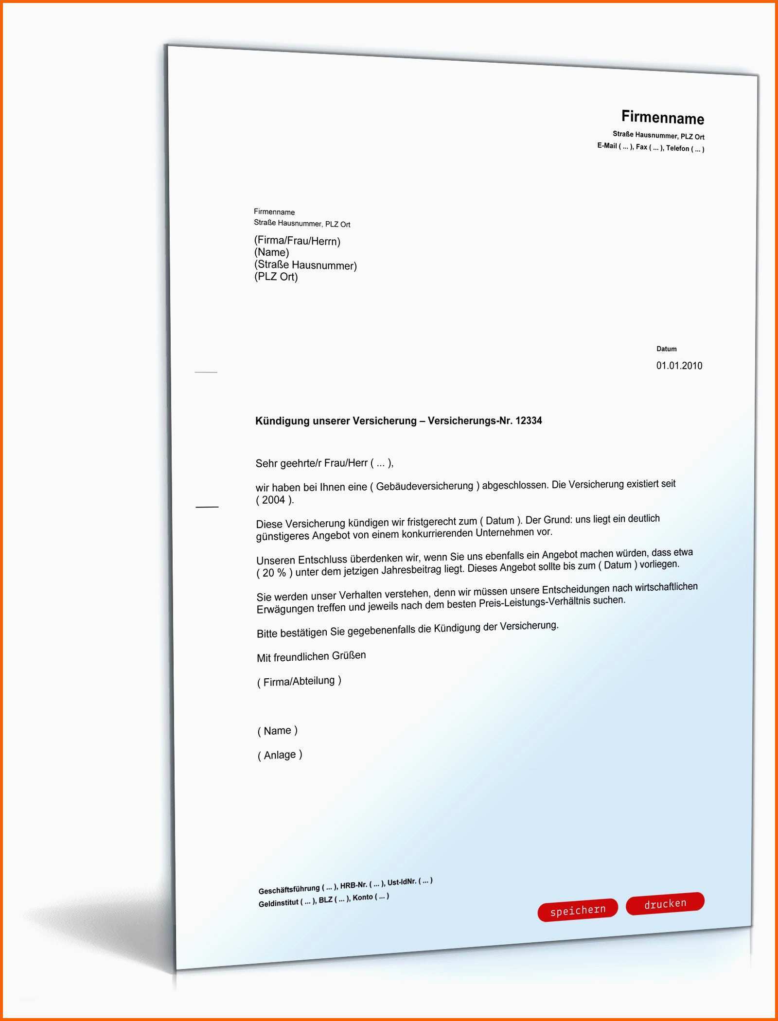Perfekt 20 Kündigung Versicherung Vorlage Word