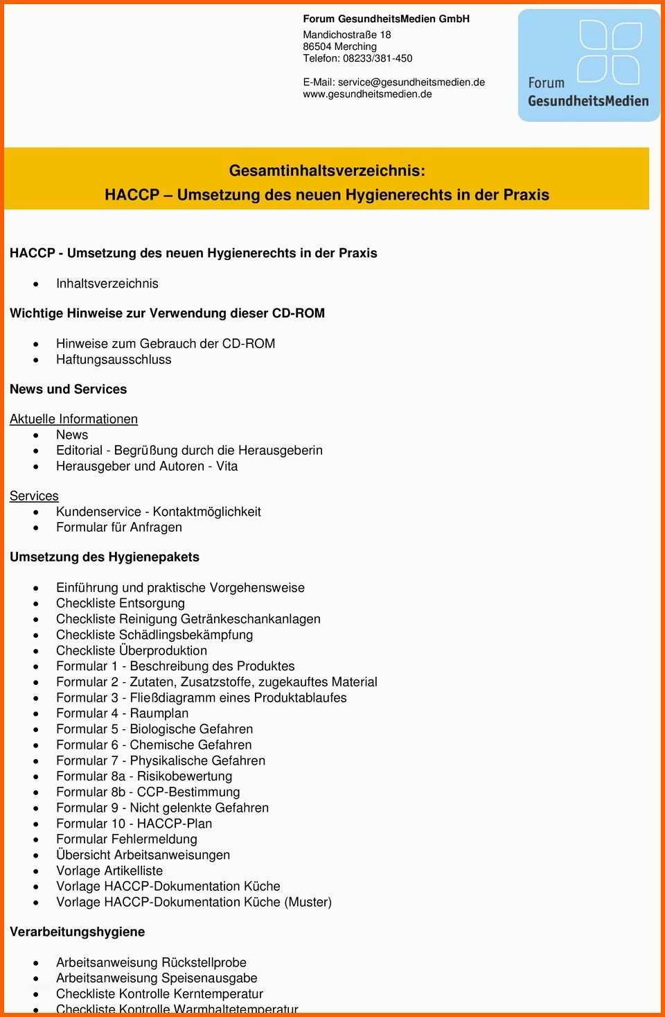Perfekt Gesamtinhaltsverzeichnis Haccp Umsetzung Des Neuen