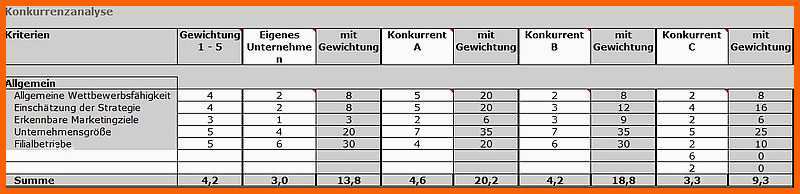 Perfekt Konkurrenzanalyse Excel Vorlage