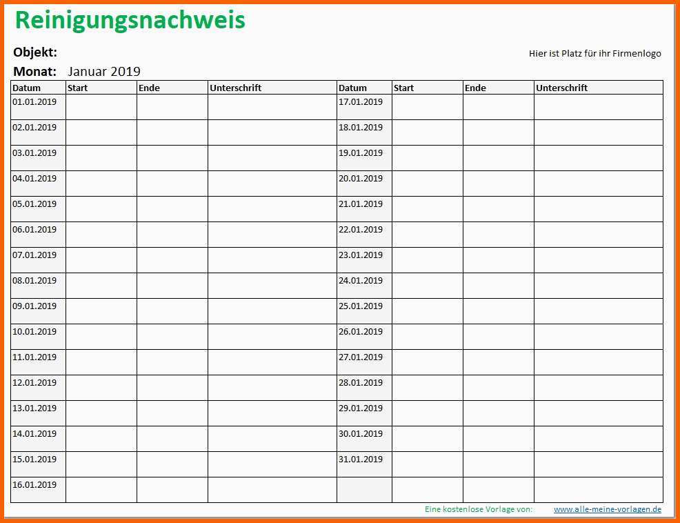 Perfekt Reinigungsnachweis Reinigungsplan Als Excel Vorlage