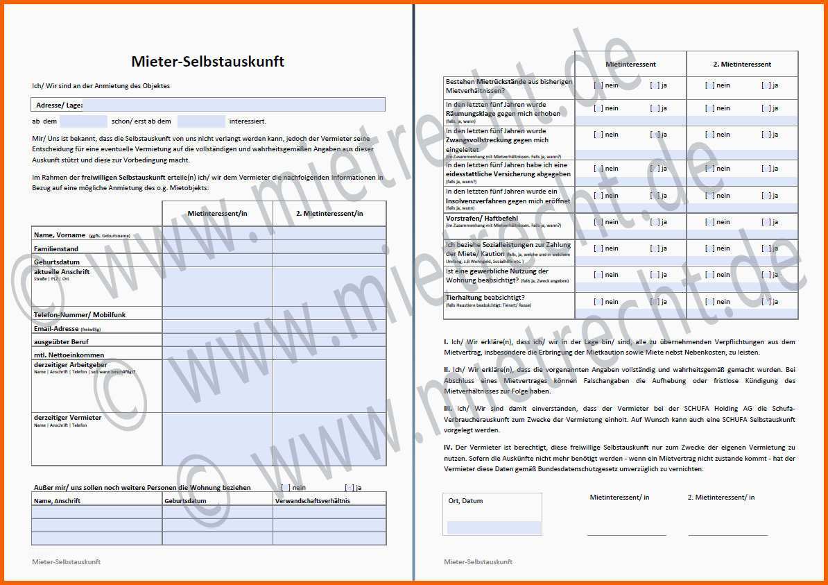 Perfekt Selbstauskunft Des Mieters Mieterselbstauskunft