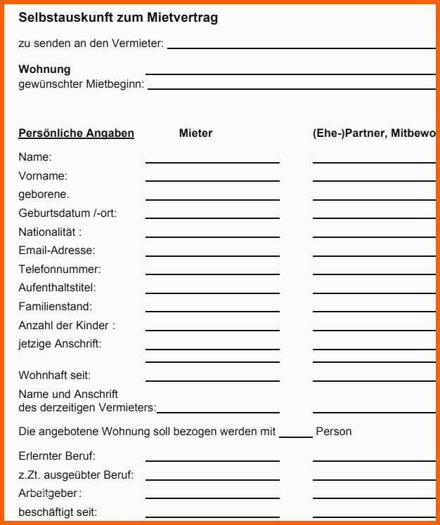 Perfekt Selbstauskunft Mieter formular Mieterbund Modell