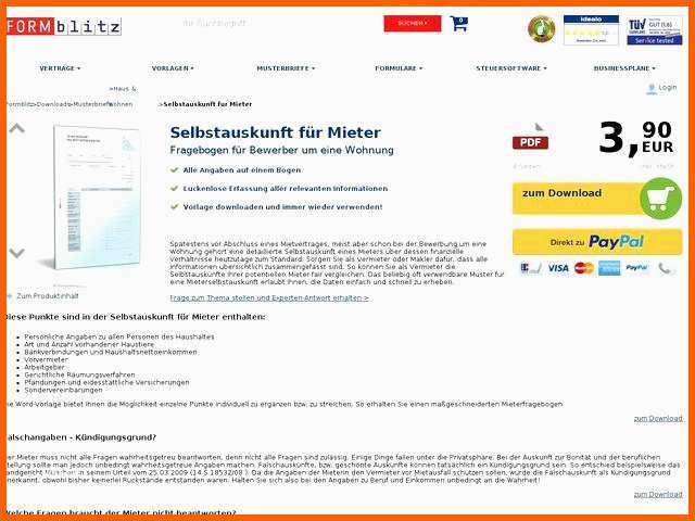 Perfekt Selbstauskunft Mieter Vorlage