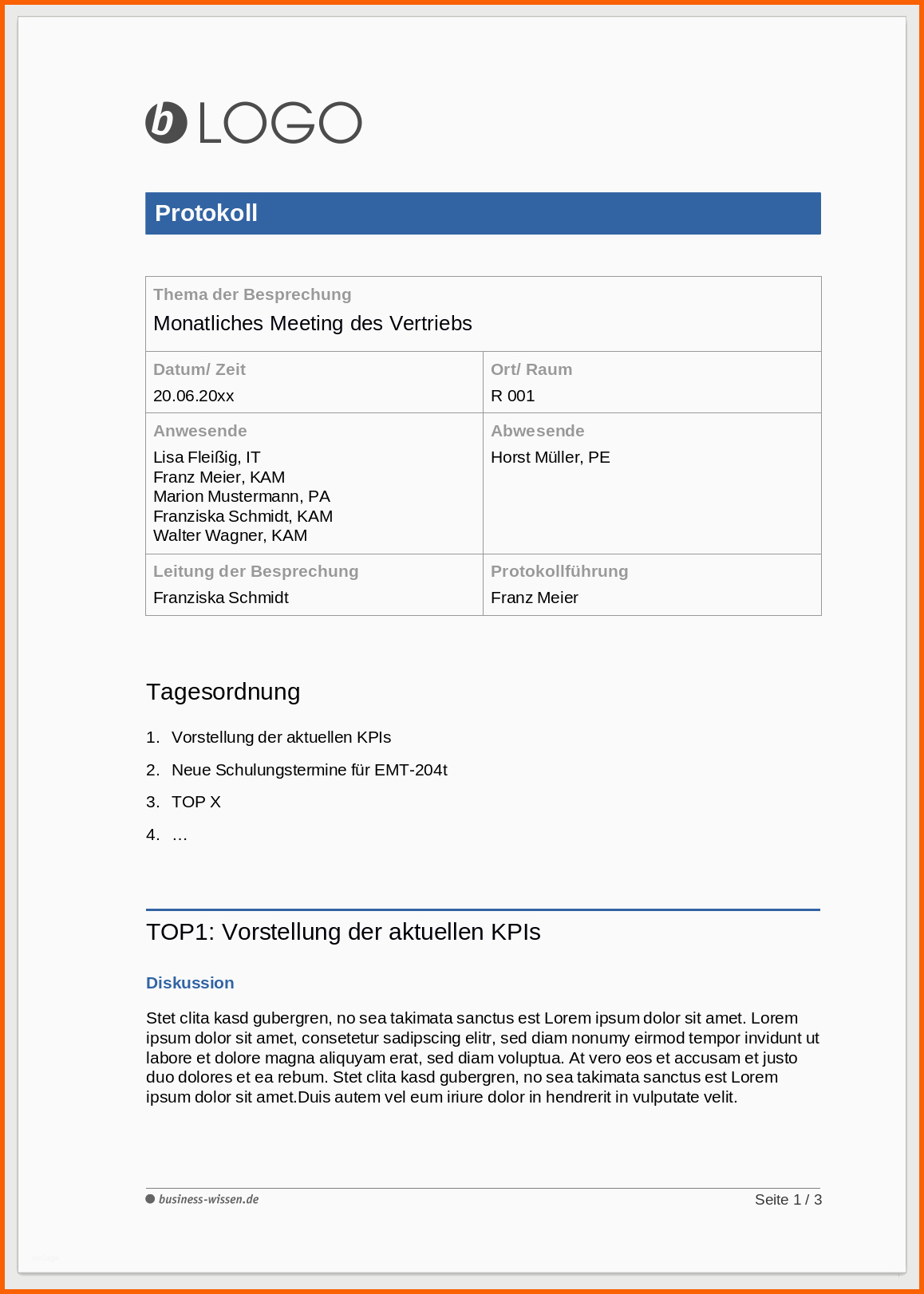 Perfekt Vorlage – Kostenlos Besprechungsprotokoll – Business