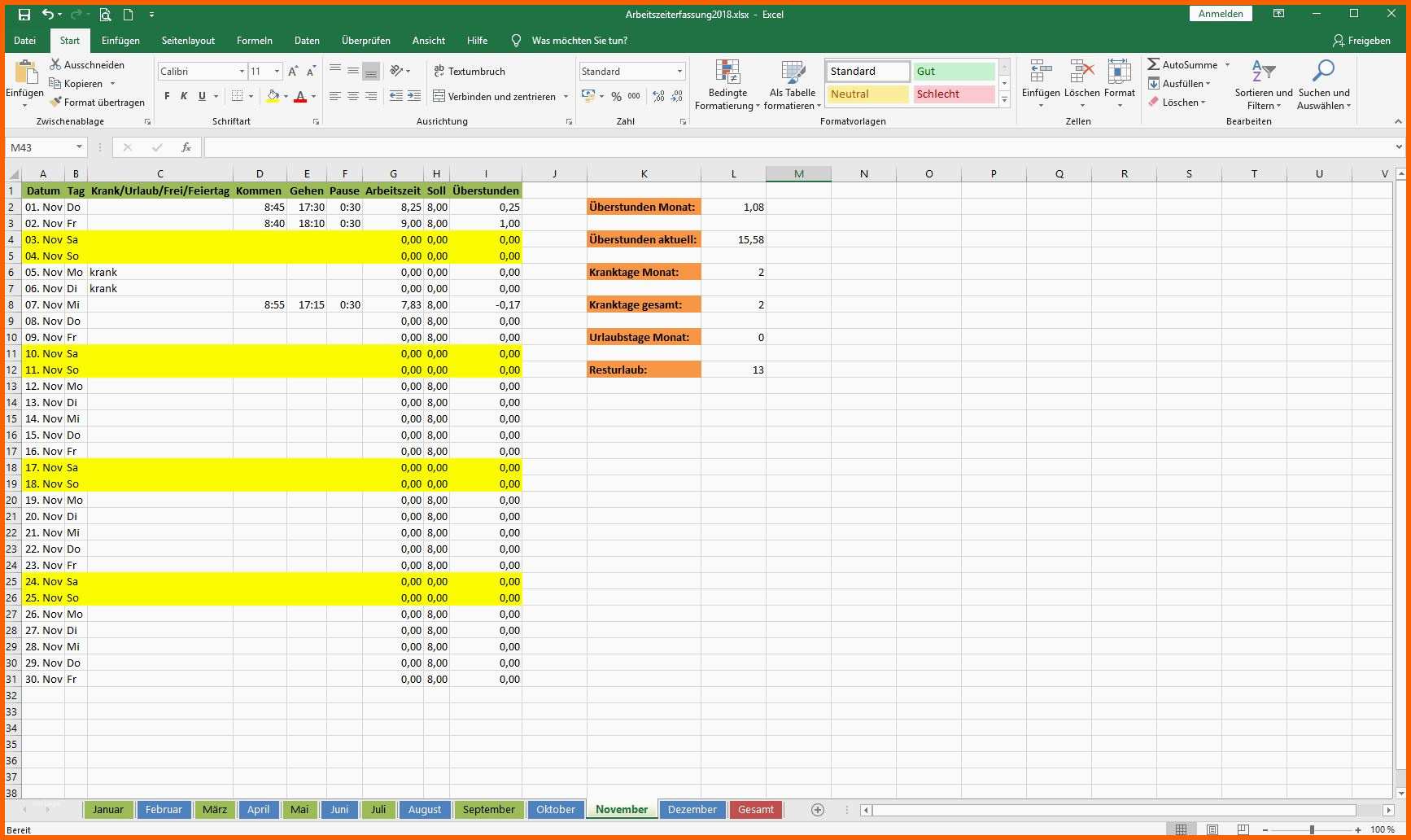 Phänomenal Arbeitszeiterfassung In Excel Vorlage Zur Freien Nutzung