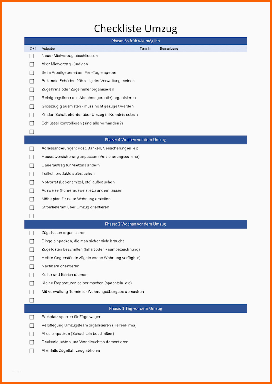 Phänomenal Checkliste Umzug Schweiz Excel & Pdf