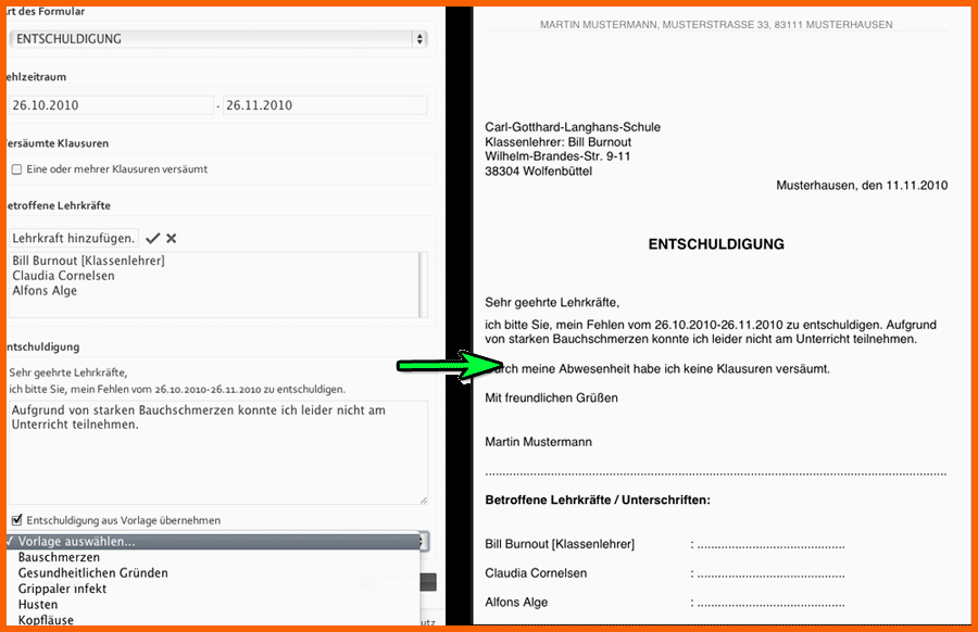 Phänomenal Entschuldigung Schule Vorlage Krank Papacfo