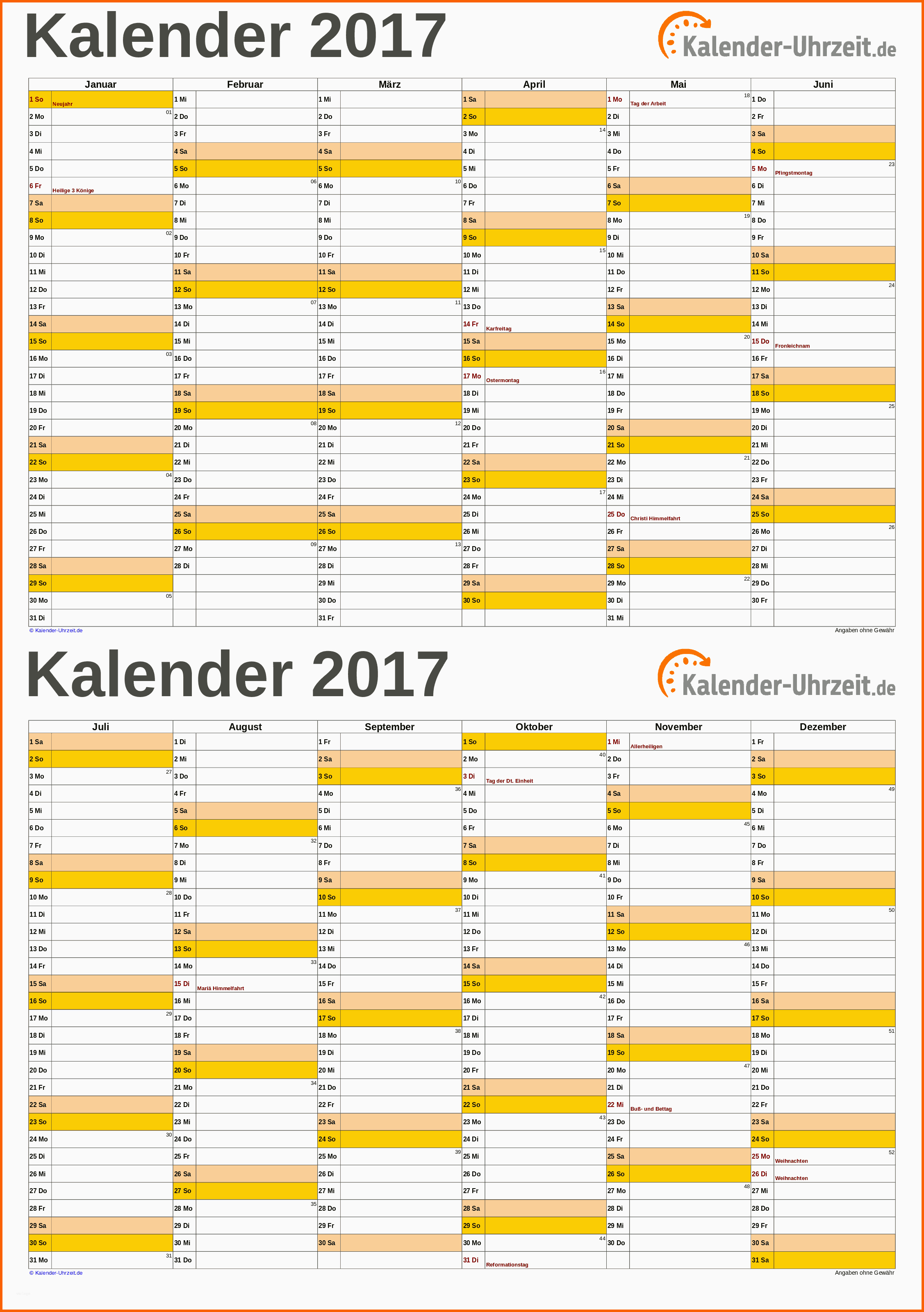 Phänomenal Excel Kalender 2017 Kostenlos