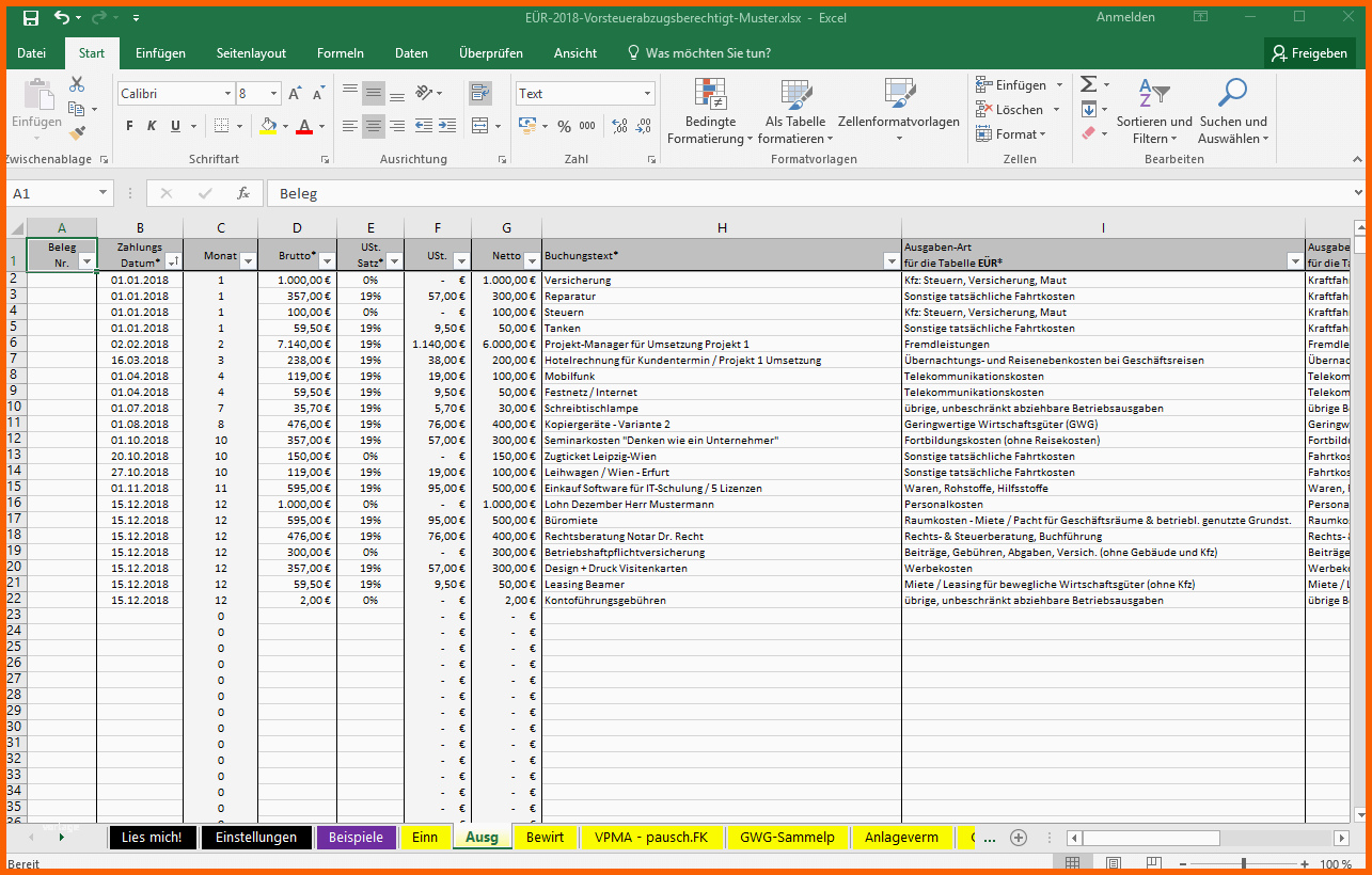Phänomenal Excel Vorlage Einnahmenüberschussrechnung EÜr Pierre