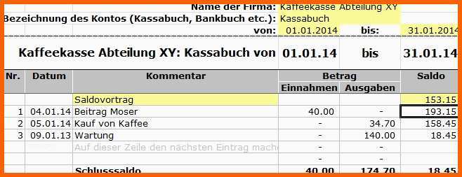 Phänomenal Kostenloser Download Excel Kassabuch Vereinsbuchhaltung
