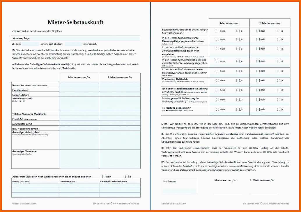 Phänomenal Selbstauskunft Mieter Vorlage