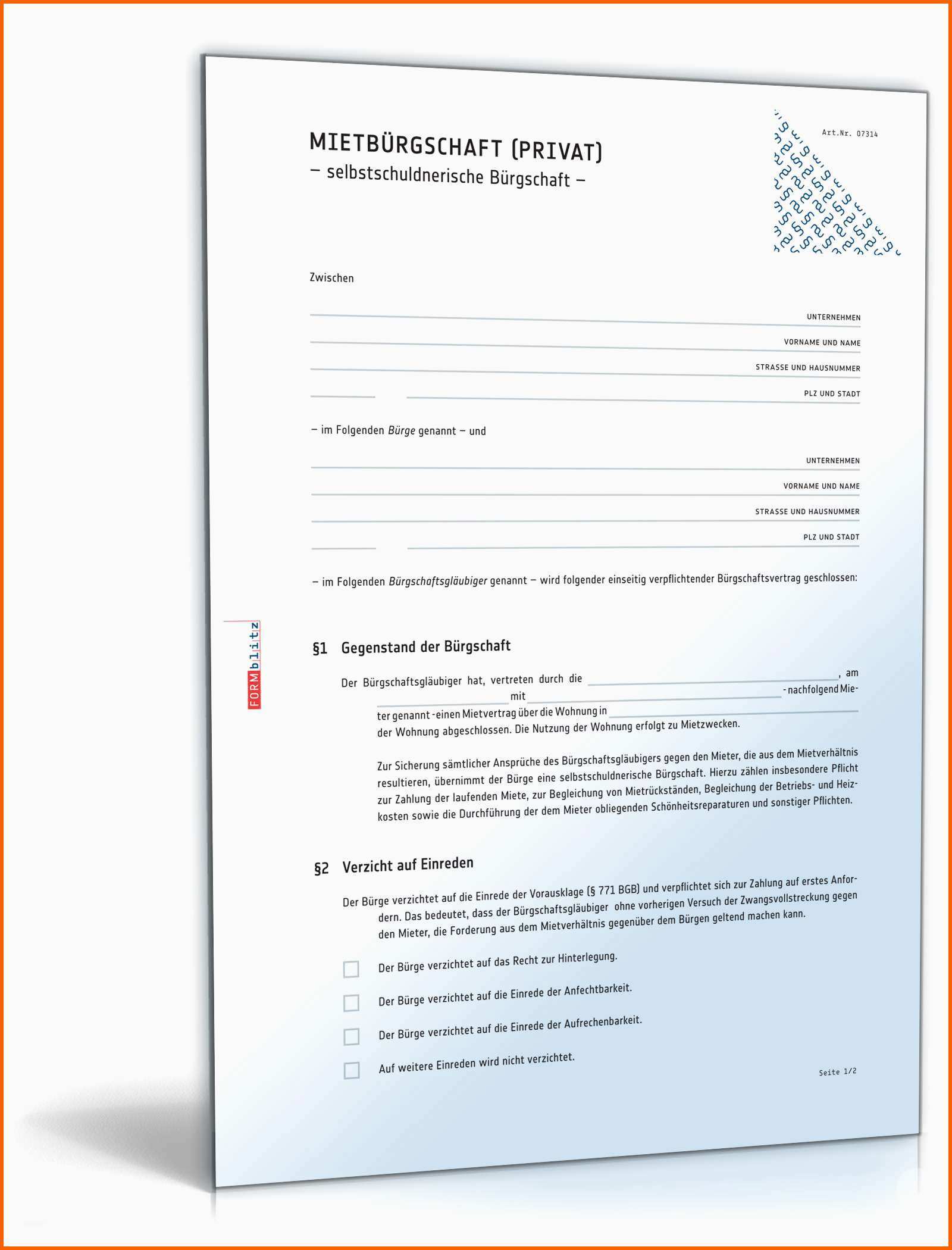 Phänomenal Selbstschuldnerische Mietbürgschaft