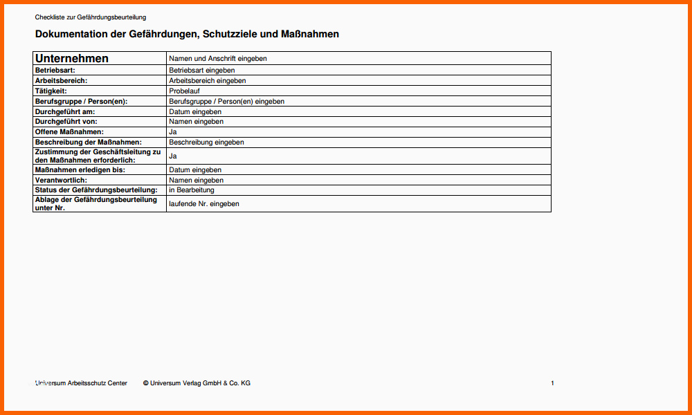 Phänomenal Vorlage Zum Download Gefährdungsbeurteilung Probelauf