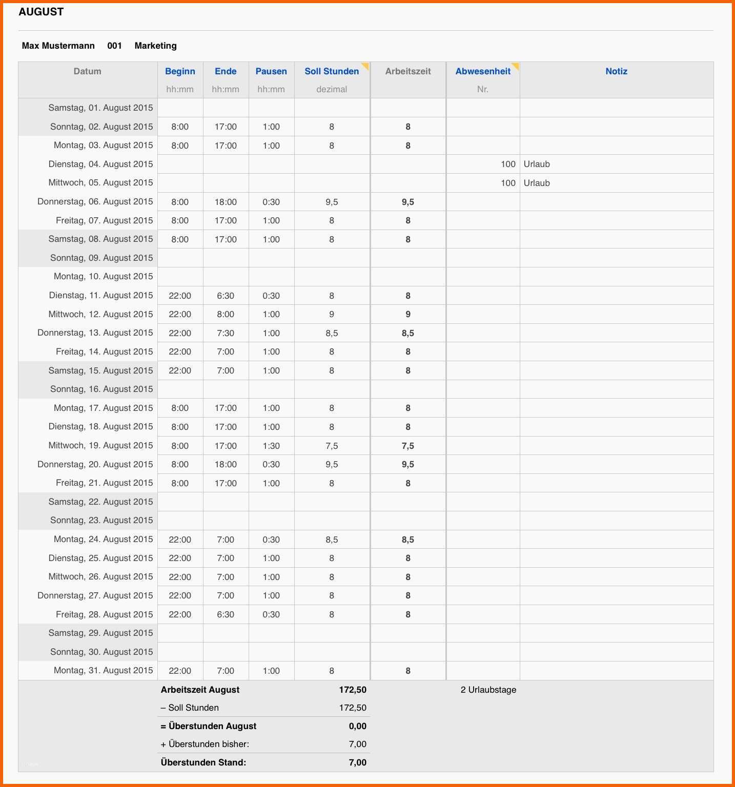 Phänomenal Vorlage Zur Dokumentation Der Täglichen Arbeitszeit Excel