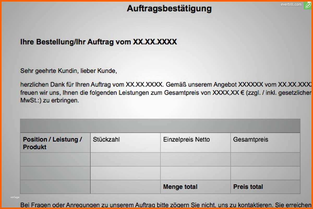 Schockieren Auftragsbestätigung Muster Und Gratis Word Vorlage