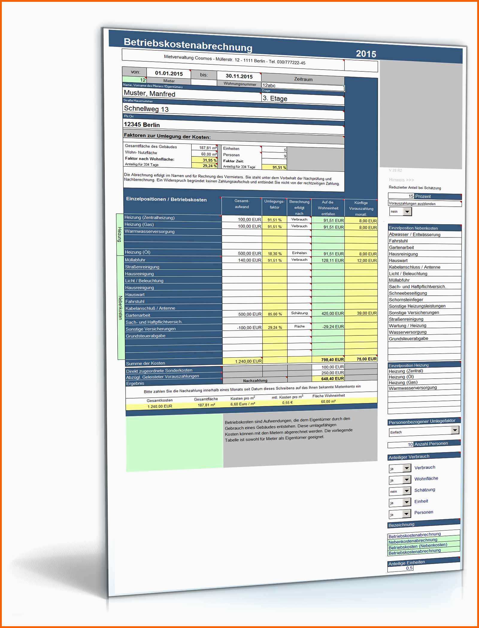 Schockieren Betriebskostenabrechnung Deluxe Unter Excel