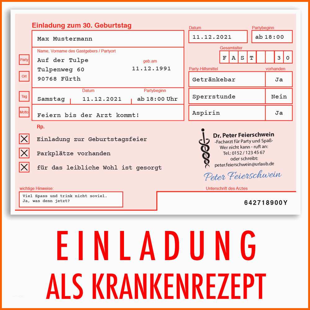 Schockieren Einladungskarten Zum Geburtstag Als ärztliches Rezept Arzt