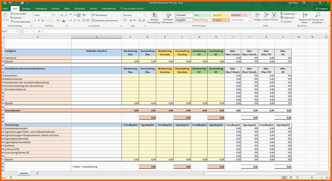 Schockieren Excel Checkliste Baukosten Planung Hausbau Excel