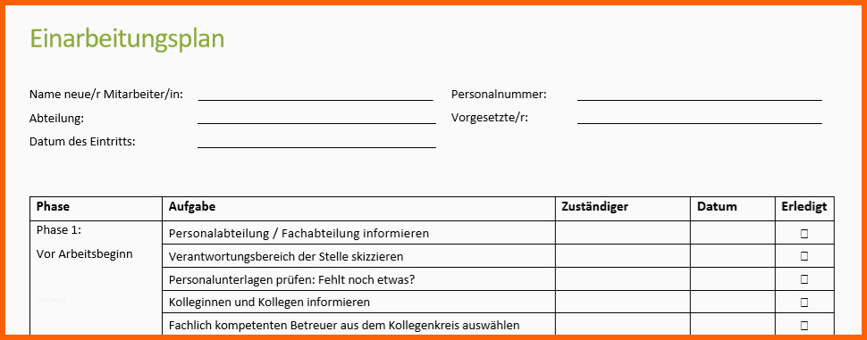 Schockieren Kostenlose Einarbeitungsplan Vorlage Für Neue Mitarbeiter Pdf