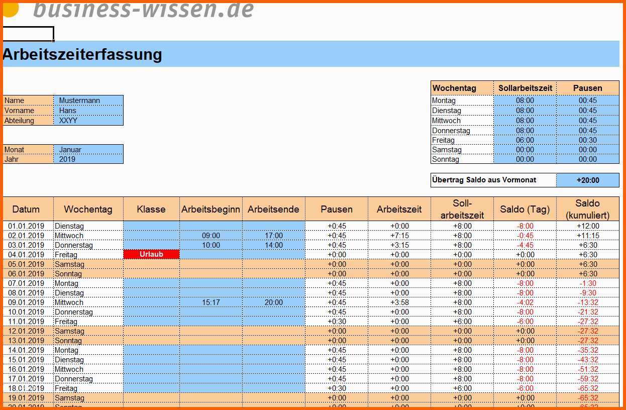 Selten Arbeitszeiterfassung Excel Vorlage 2019