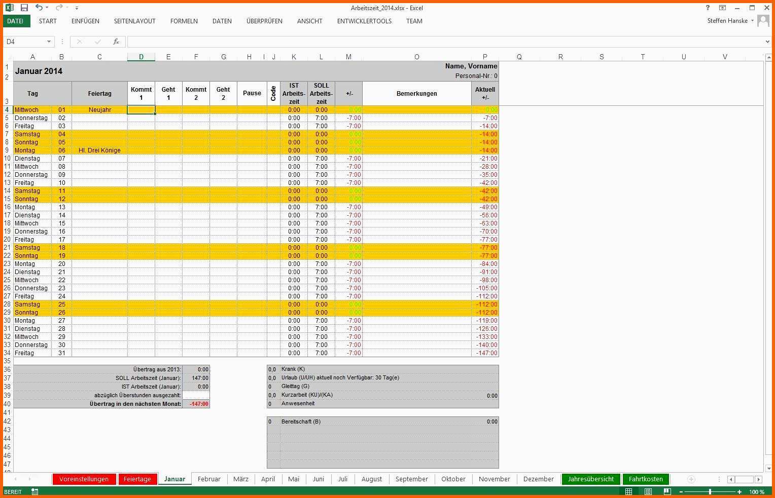 Selten Arbeitszeiterfassung Excel Vorlage – Levitrainfo