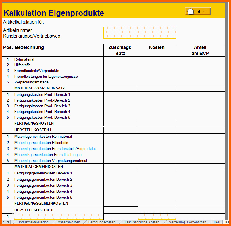 Selten Kalkulation Von Eigenerzeugnissen Excel Vorlage Zum Download