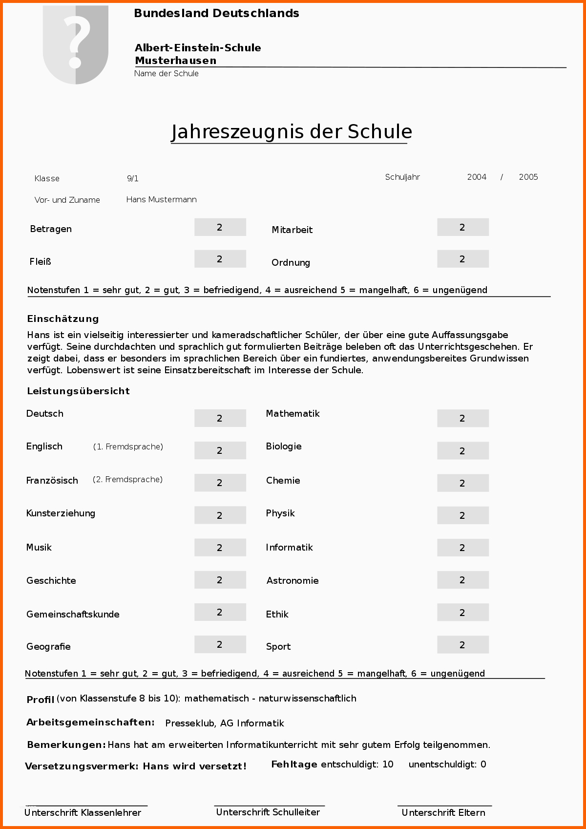 Selten Schulzeugnis –