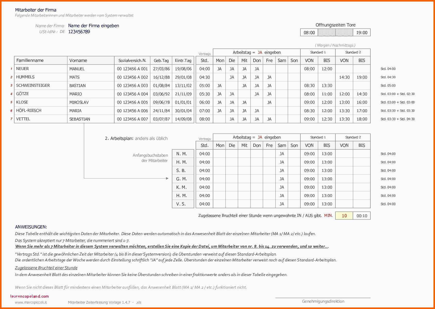 Sensationell Arbeitsplan Vorlage Excel Mitarbeiter Zeiterfassung
