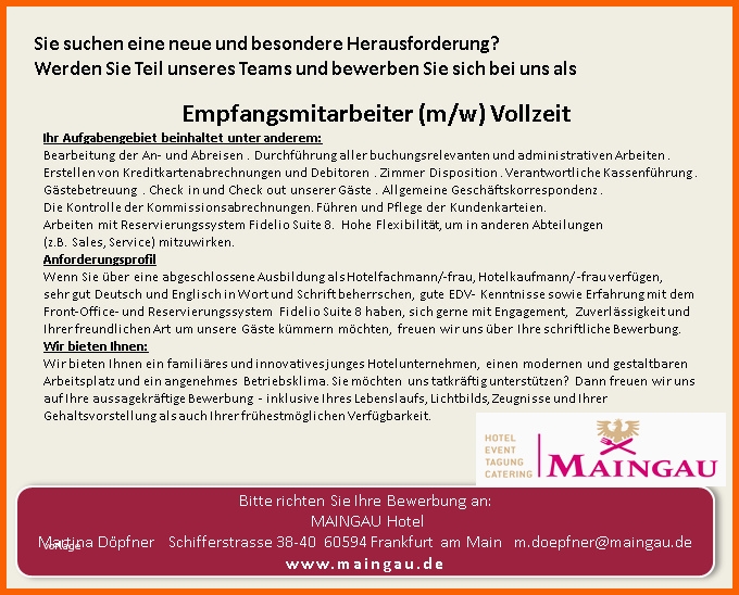 Sensationell Mitarbeiter Für Rezeption Gesucht Maingau