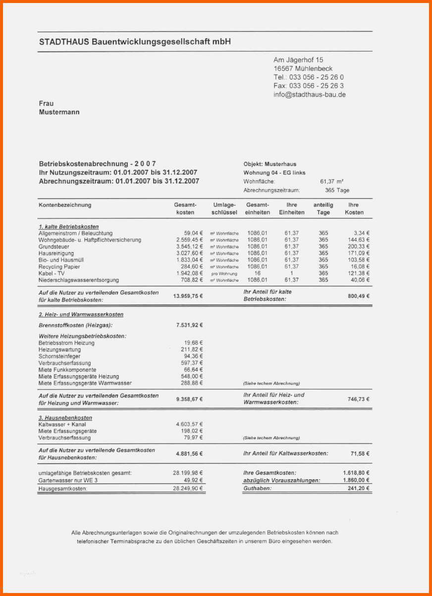 Sensationell Vermieter Betriebskostenabrechnung Vorlage Angenehm