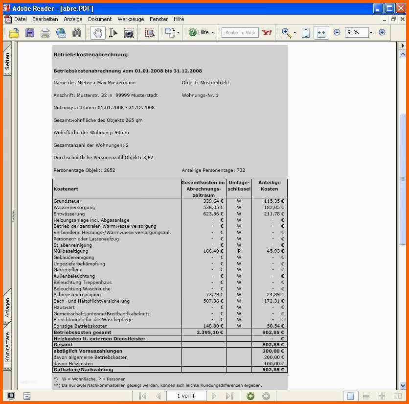 Spektakulär 11 Nebenkostenabrechnung Excel Vorlage Kostenlos